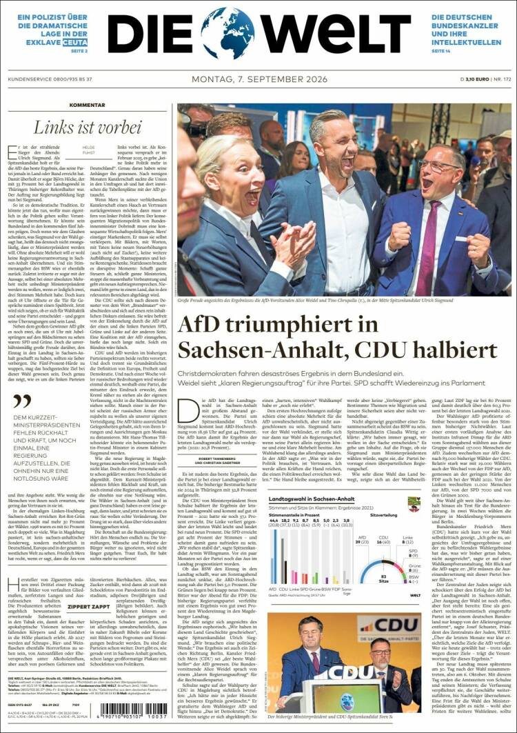 Portada de Die Welt (Alemania)