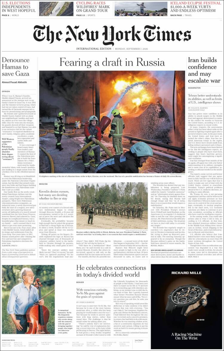 Portada de International New York Times (Europa)