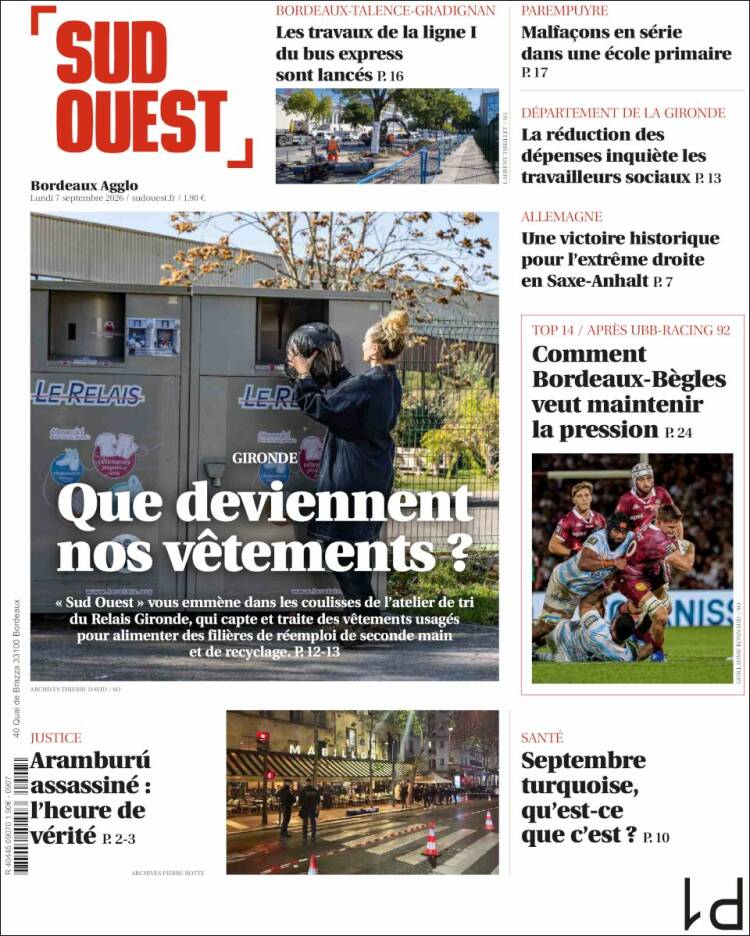 Portada de Sud Ouest (Francia)
