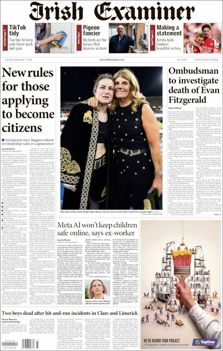 Portada de Irish Examiner (Irlanda)