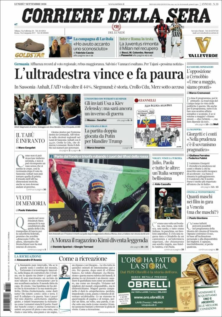 Portada de Corriere della Sera (Italia)