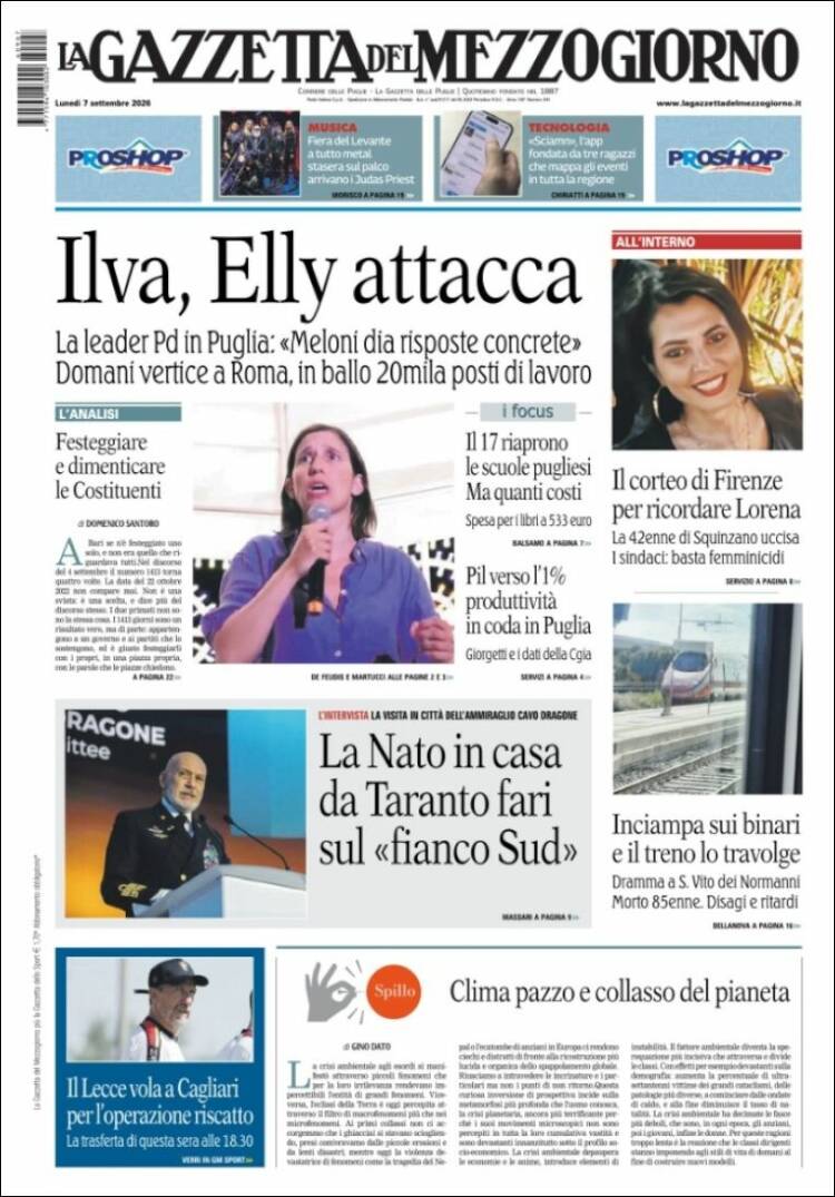 Portada de La Gazzetta del Mezzogiorno (Italia)
