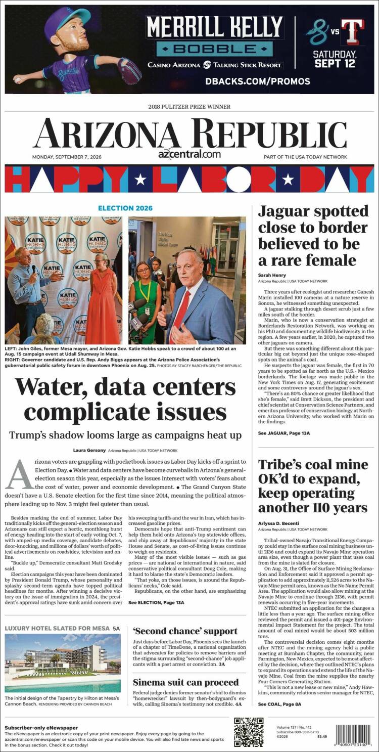 Portada de Arizona Republic News (USA)
