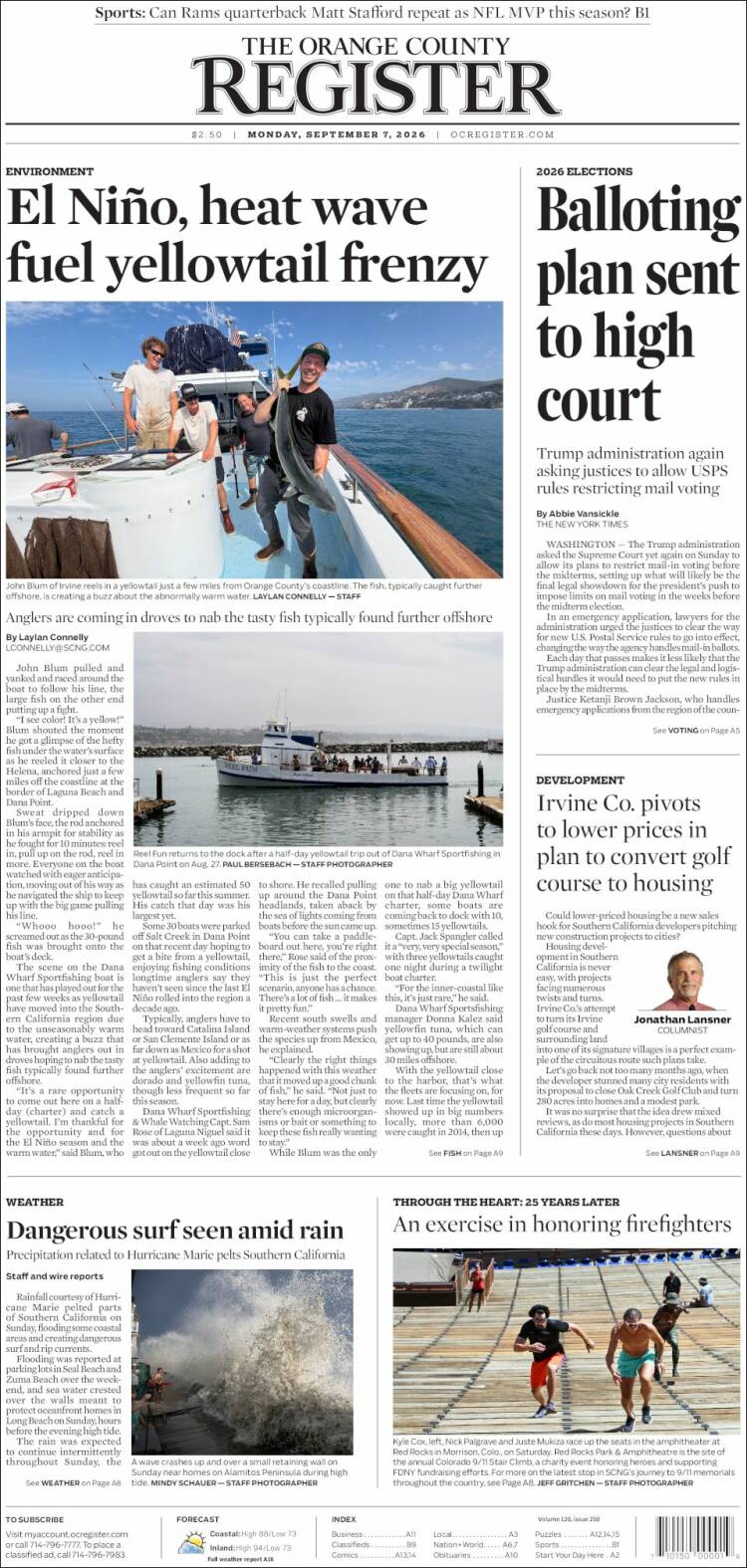 Portada de The Orange County Register (USA)