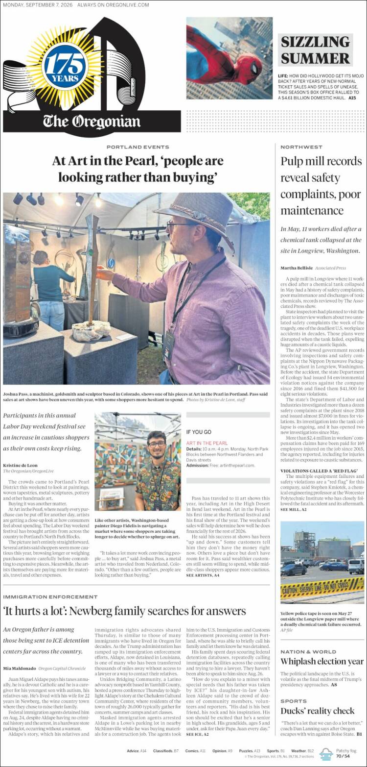 Portada de The Oregonian (USA)