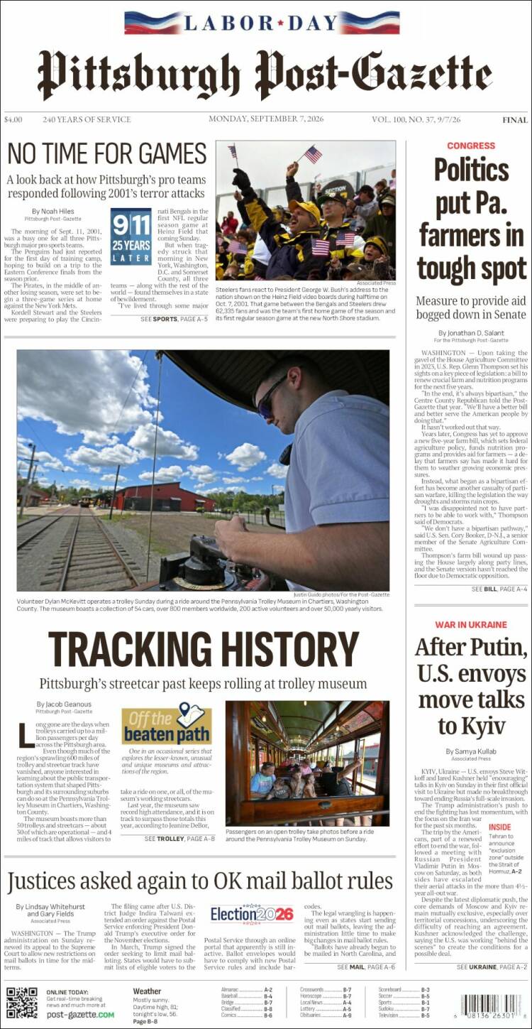 Portada de Pittsburgh Post-Gazette (USA)