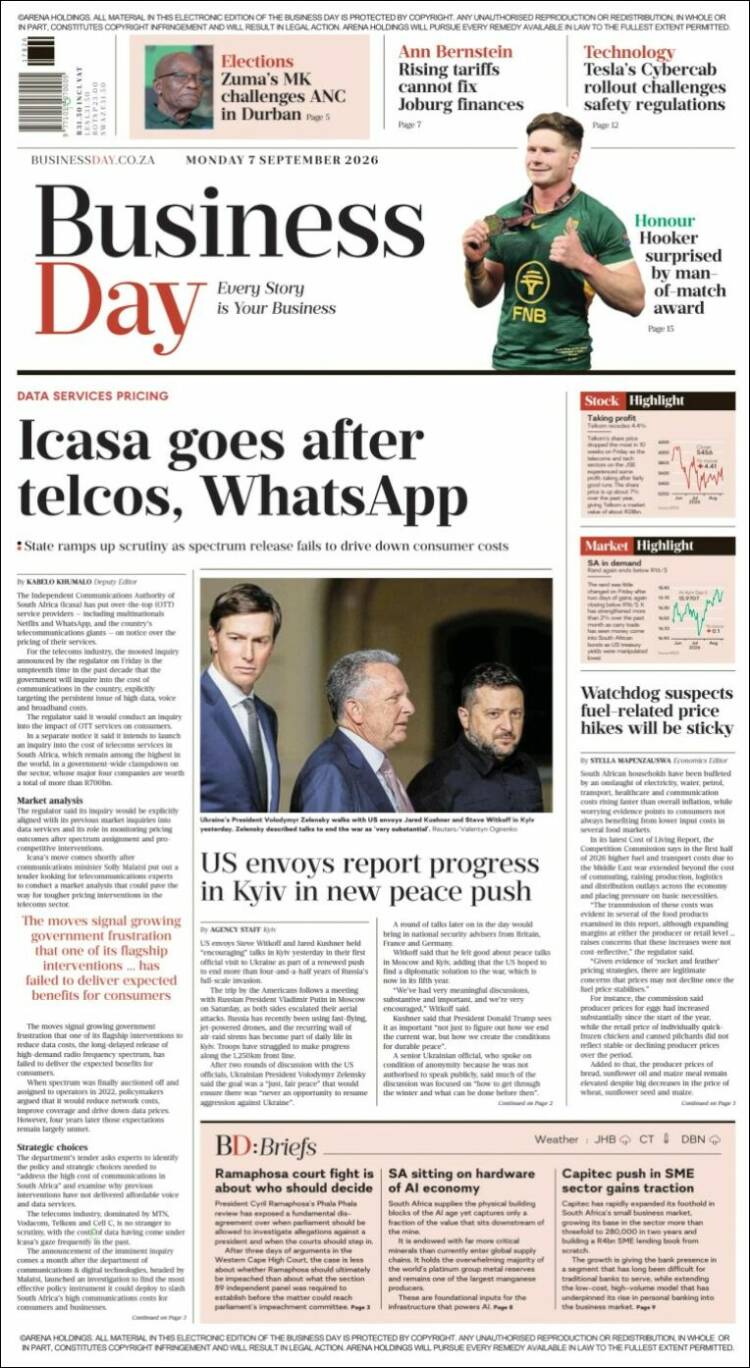 Portada de Business Day (Sud&aacute;frica)