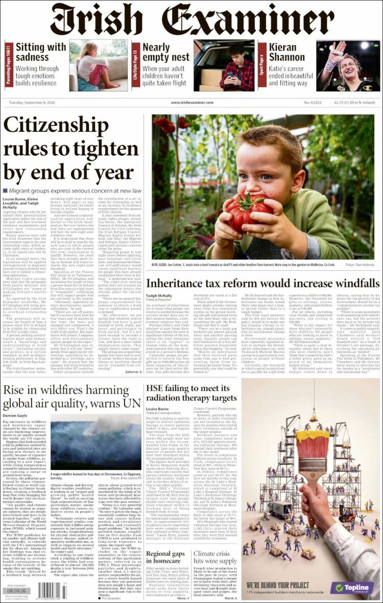 Portada de Irish Examiner (Irlande)