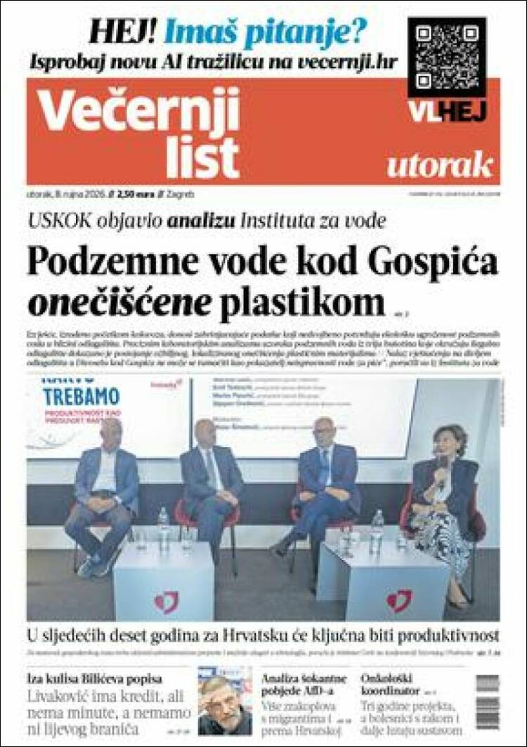 Portada de Večernji (Croatie)