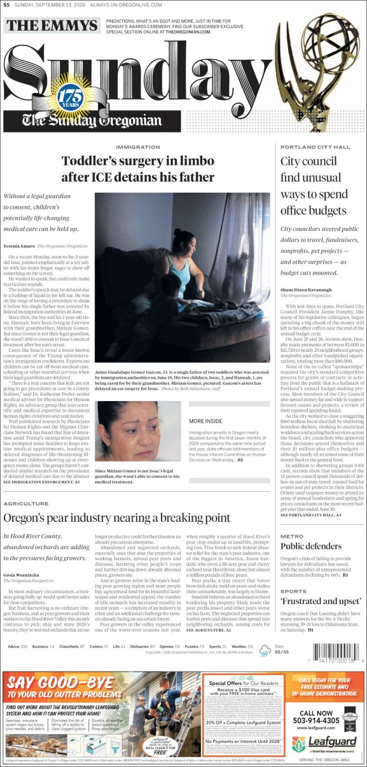 Portada de The Oregonian (USA)