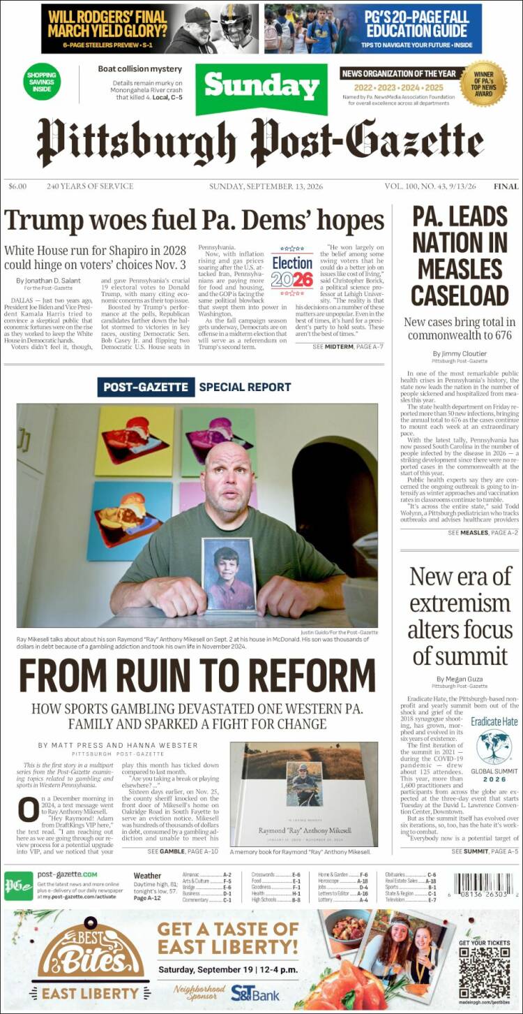 Portada de Pittsburgh Post-Gazette (USA)
