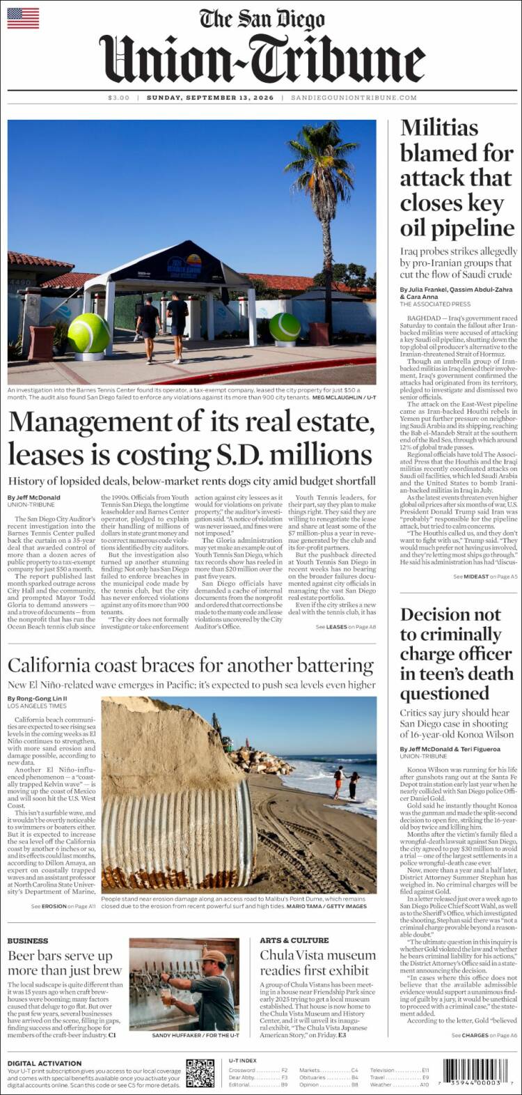 Portada de The San Diego Union-Tribune (USA)