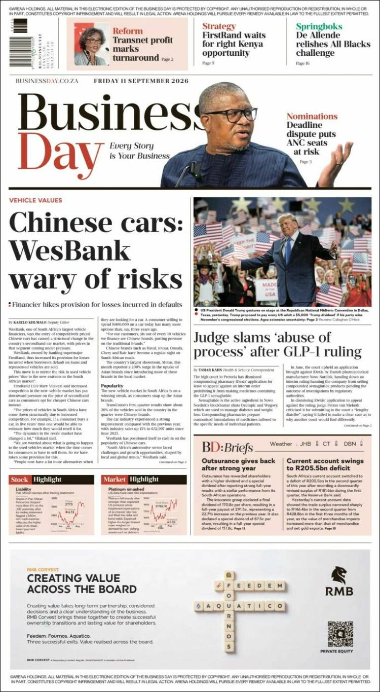 Portada de Business Day (Sud&aacute;frica)
