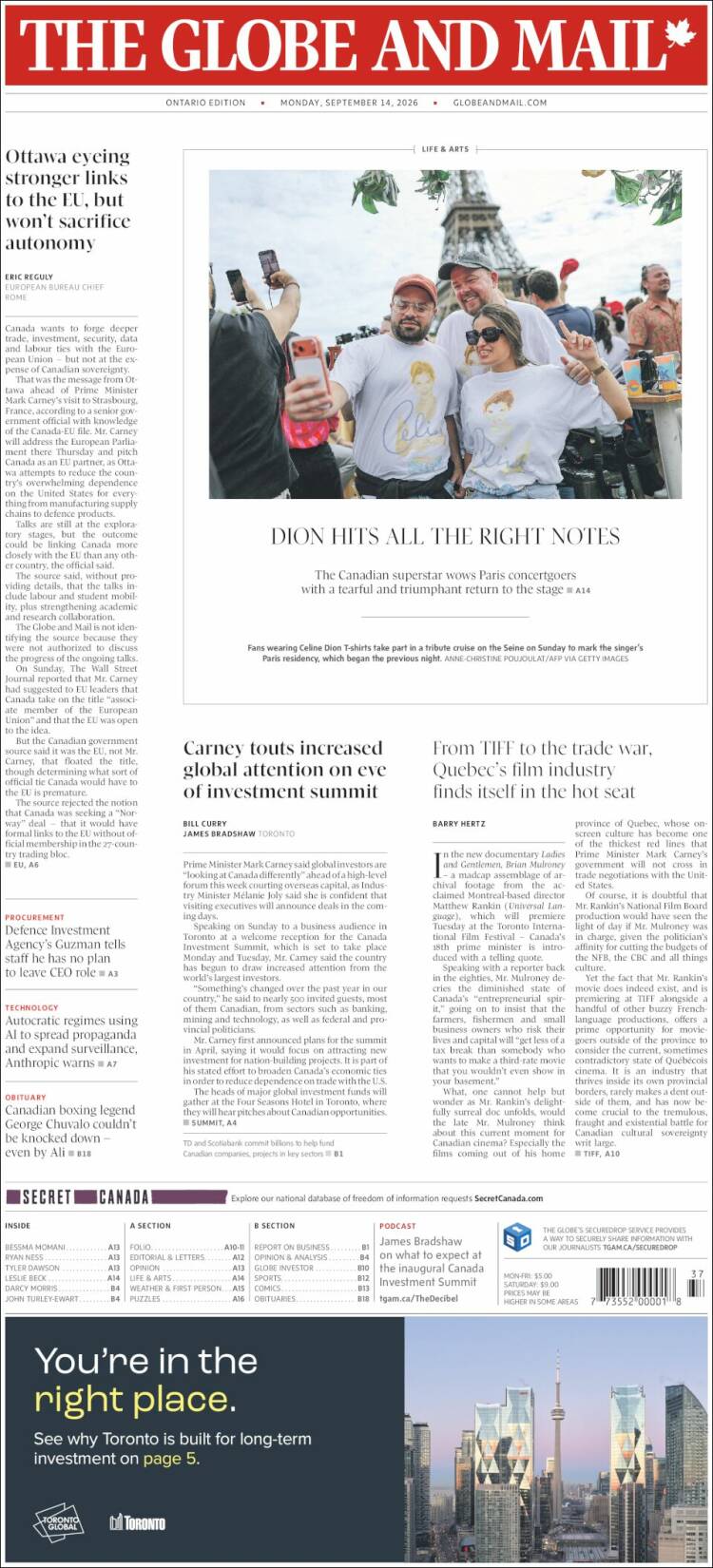Portada de The Globe and Mail (Canad&aacute;)