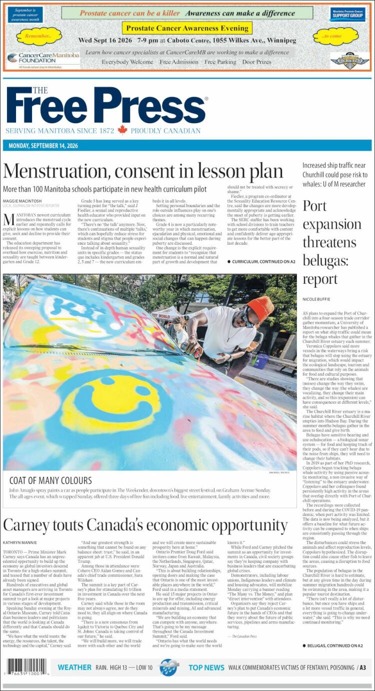Portada de Winnipeg Free Press (Canad&aacute;)