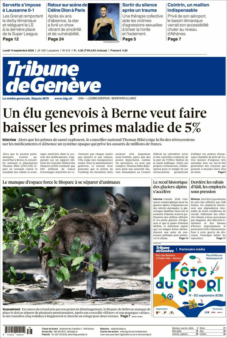 Portada de La Tribune de Genève (Suiza)