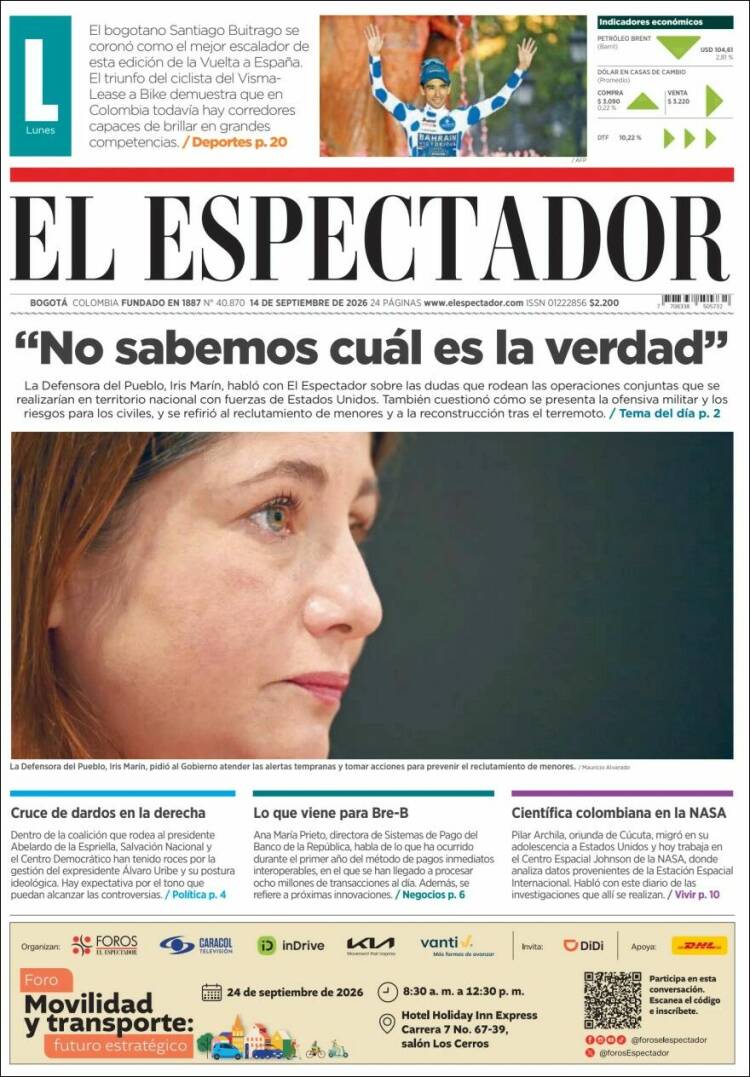 Portada de El Espectador (Colombie)