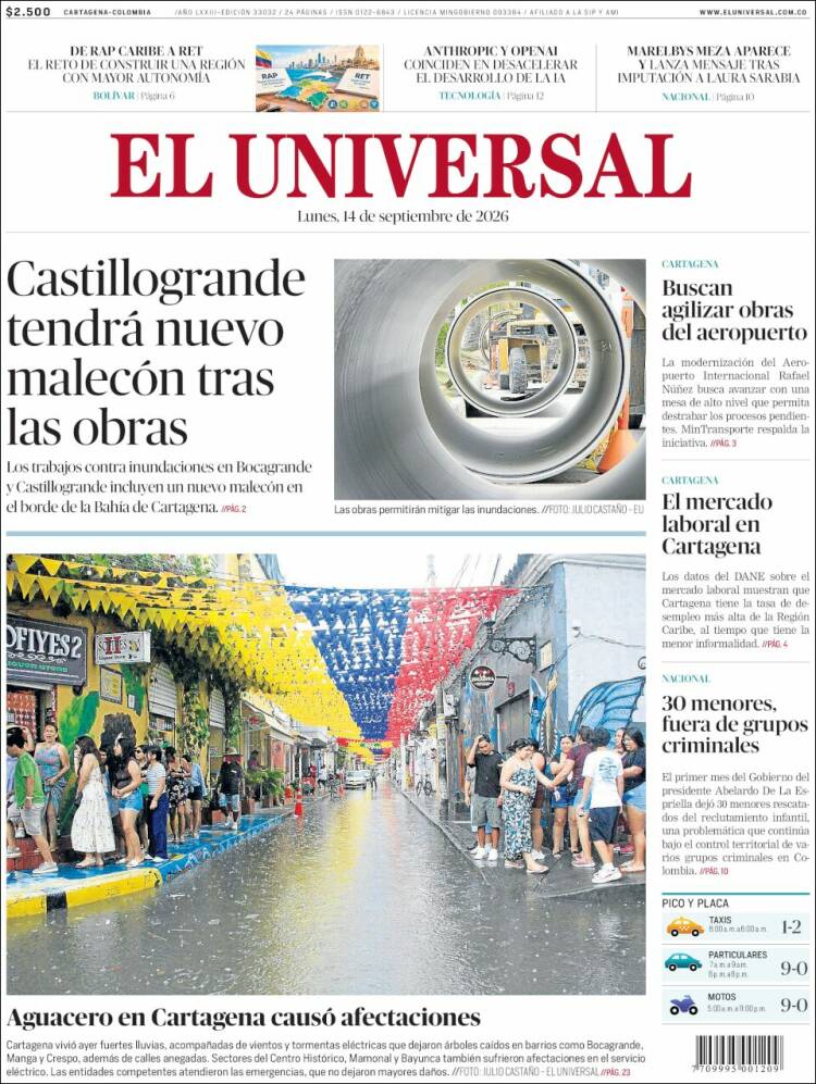 Portada de El Universal (Colombia)