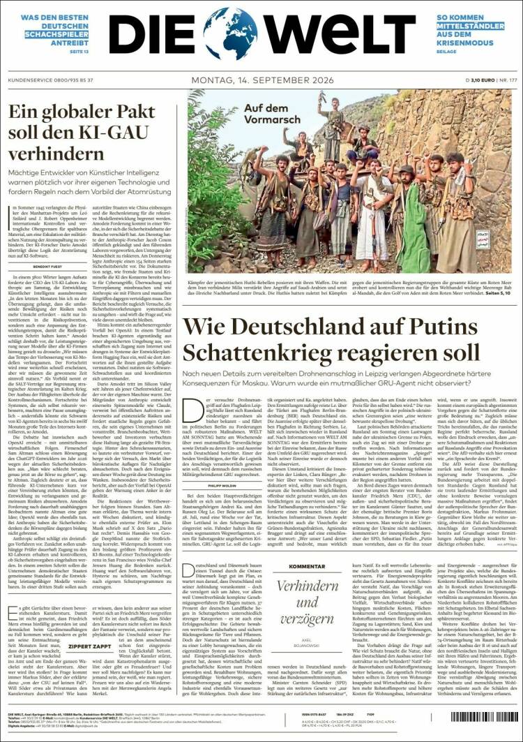 Portada de Die Welt (Alemania)
