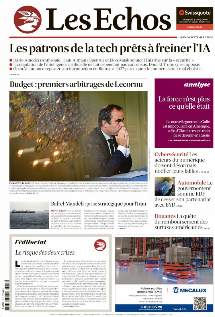 Portada de Les Echos (Francia)