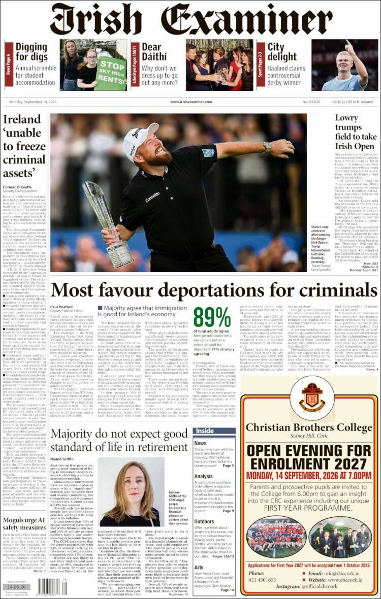 Portada de Irish Examiner (Irlanda)