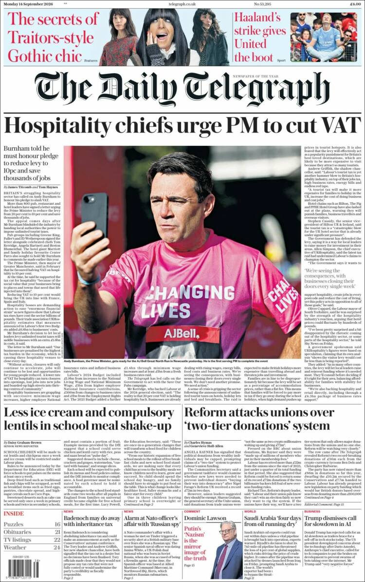 Portada de Daily Telegraph (Reino Unido)