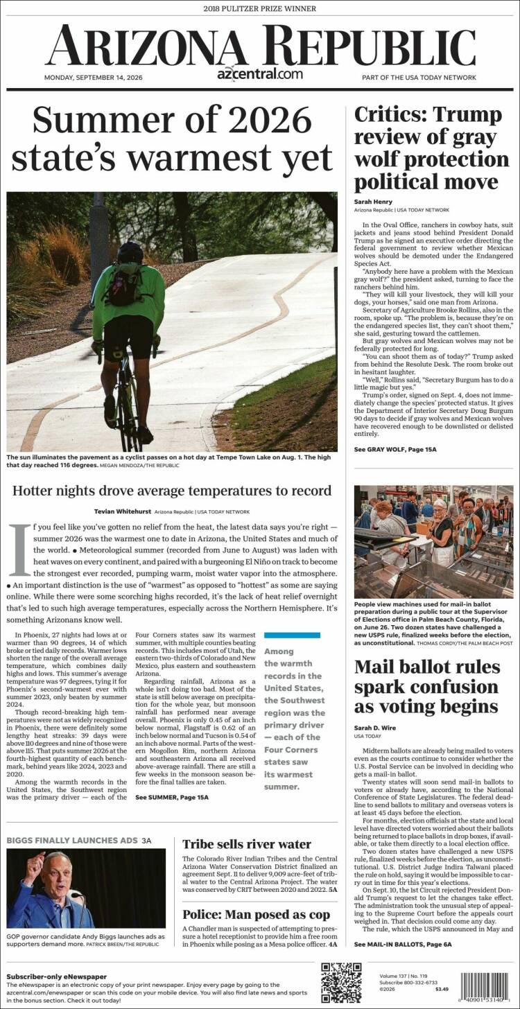 Portada de Arizona Republic News (USA)