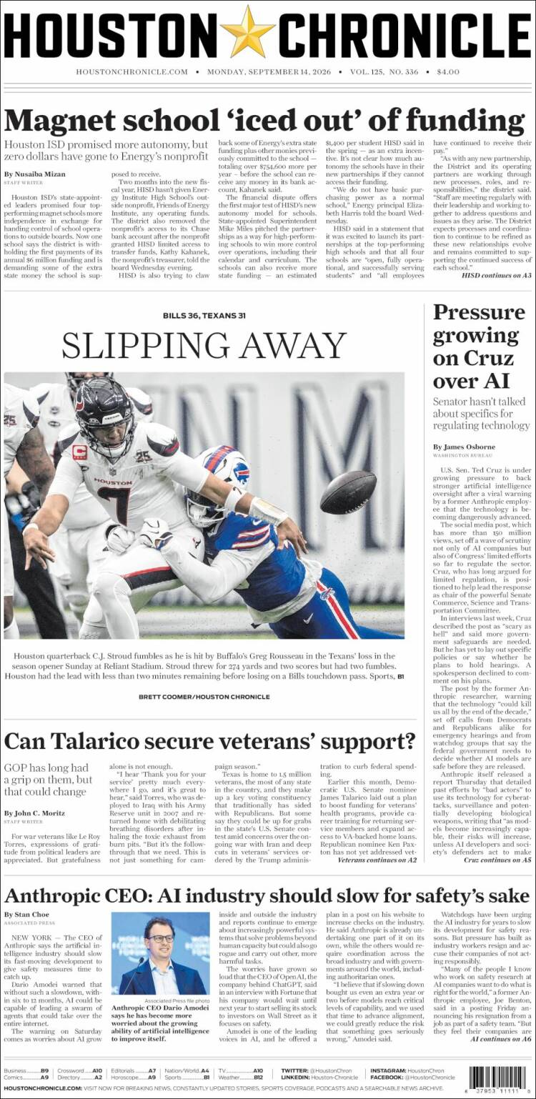 Portada de Houston Chronicle (USA)