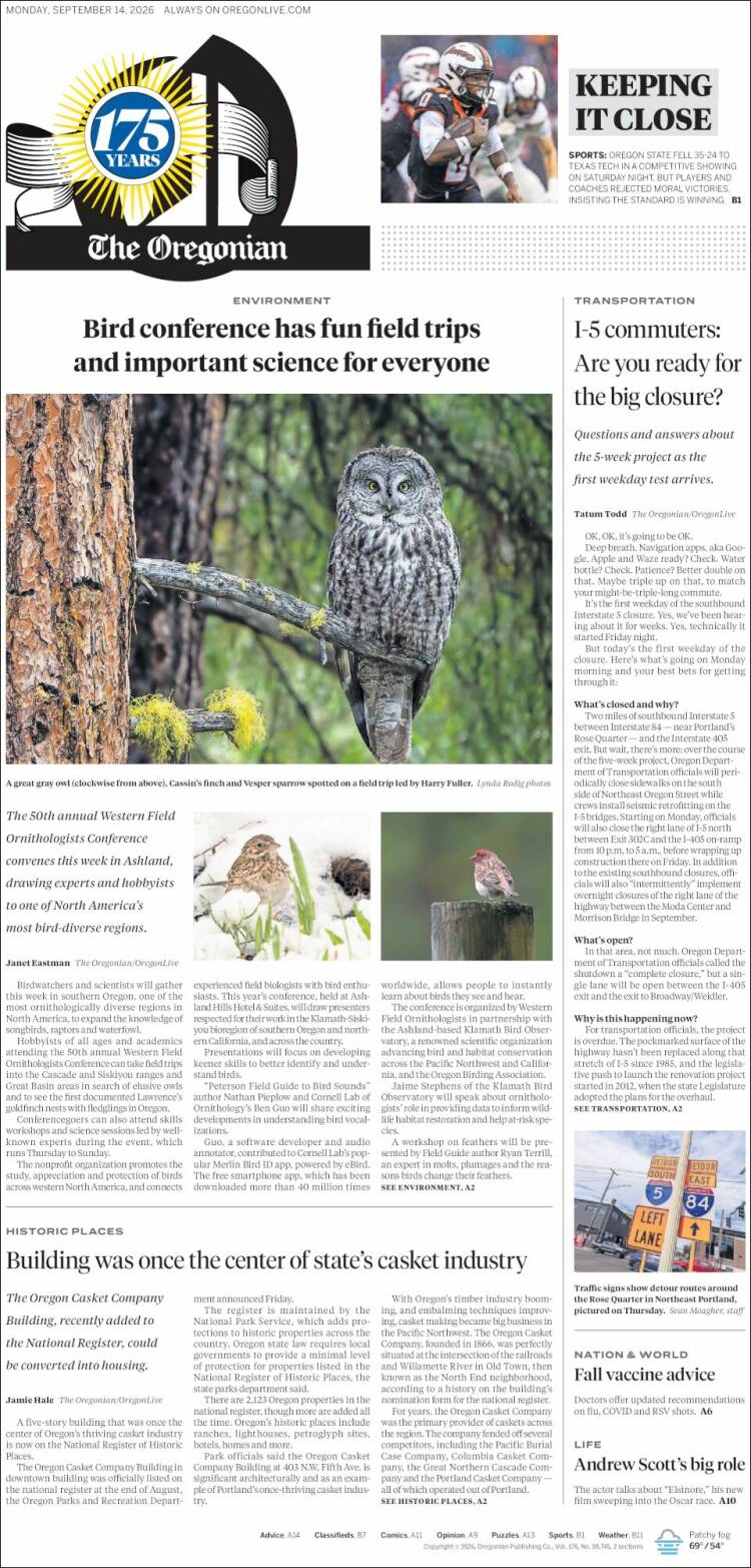 Portada de The Oregonian (USA)
