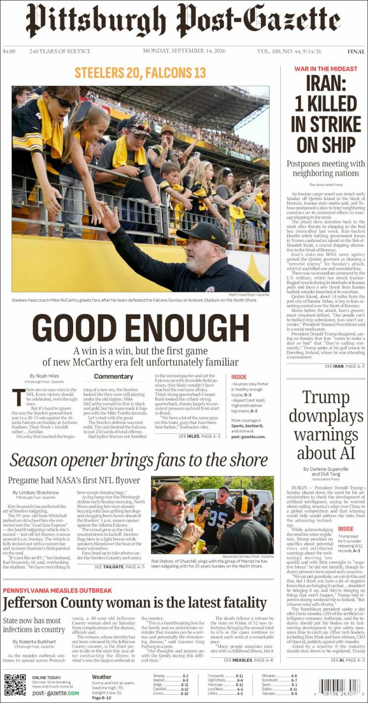 Portada de Pittsburgh Post-Gazette (USA)