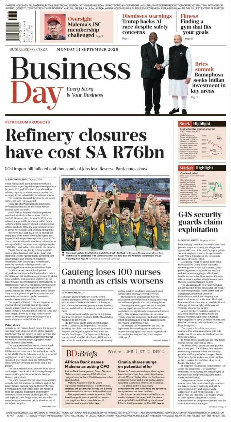 Portada de Business Day (Sud&aacute;frica)