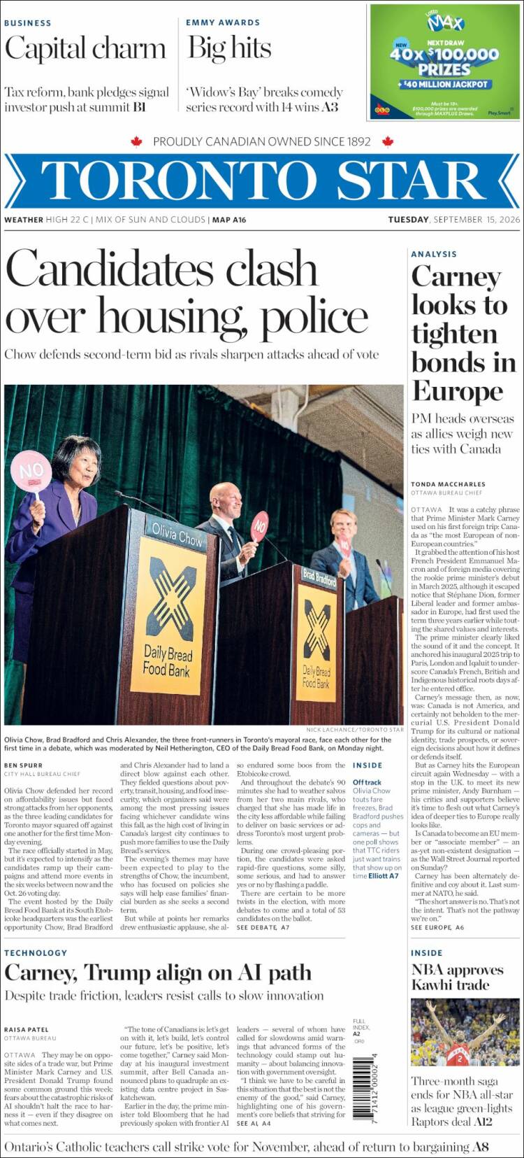 Portada de The Toronto Star (Canad&aacute;)