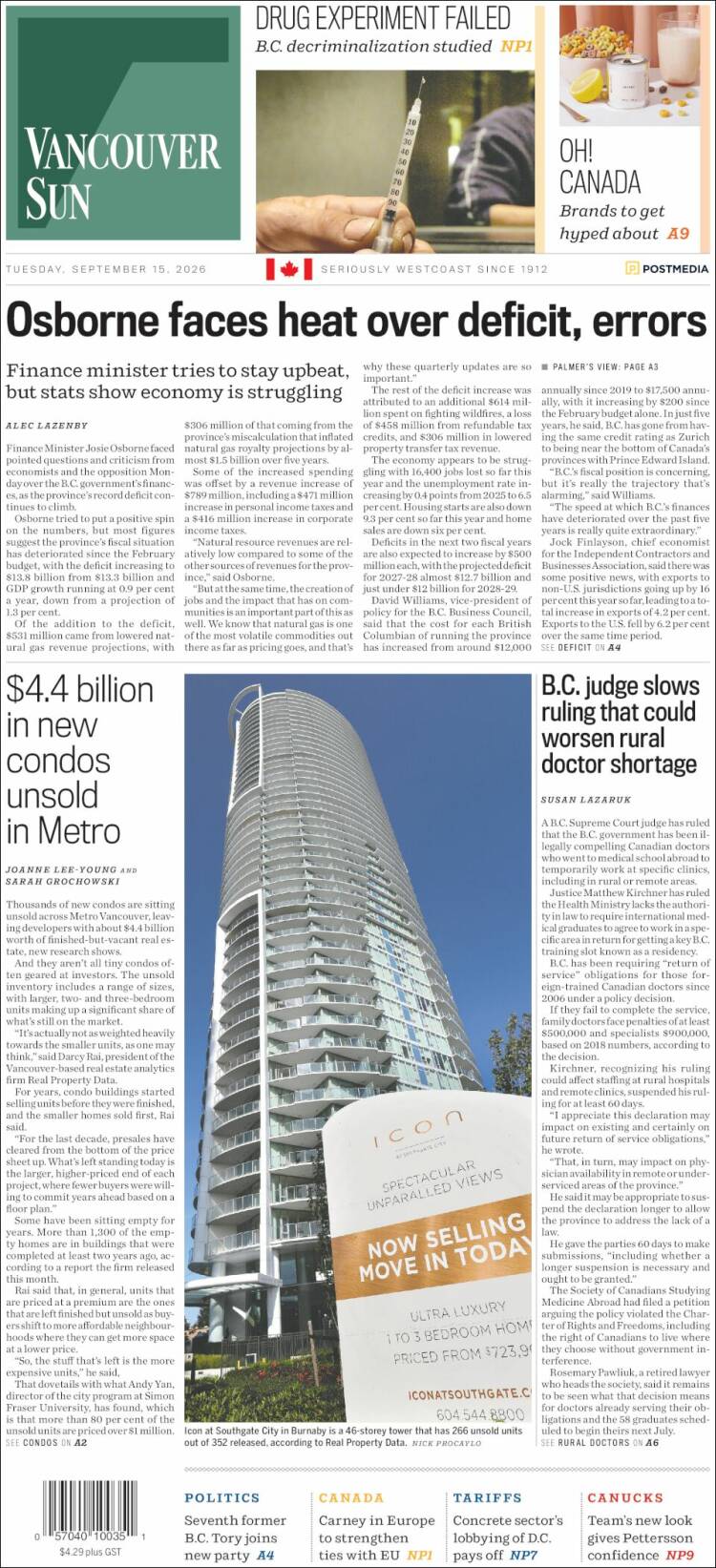 Portada de The Vancouver Sun (Canad&aacute;)