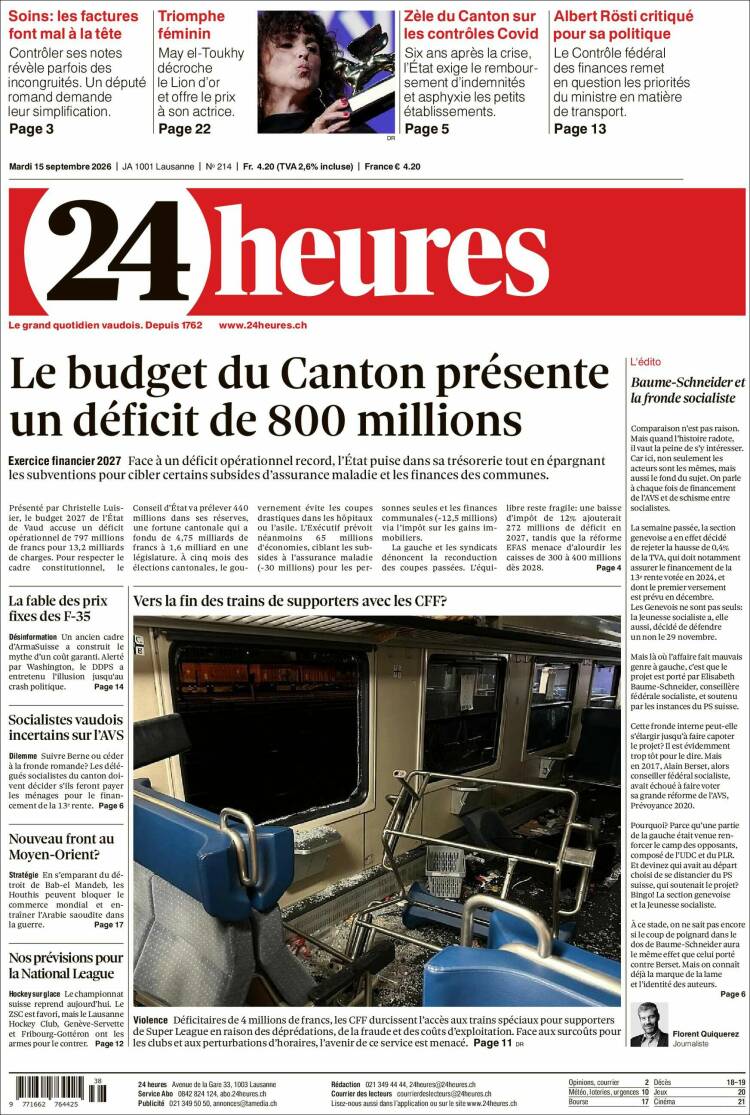 Portada de 24 Heures (Suiza)