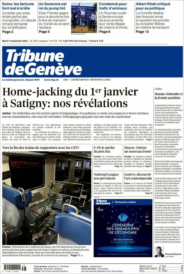 Portada de La Tribune de Genève (Suiza)