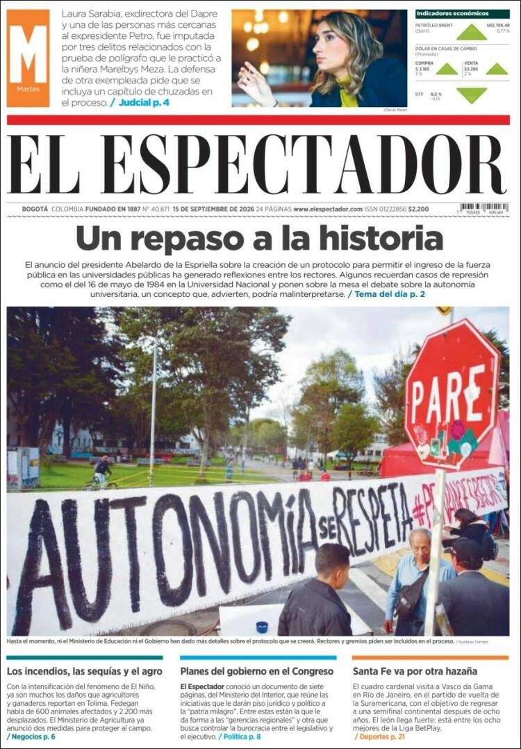 Portada de El Espectador (Colombie)