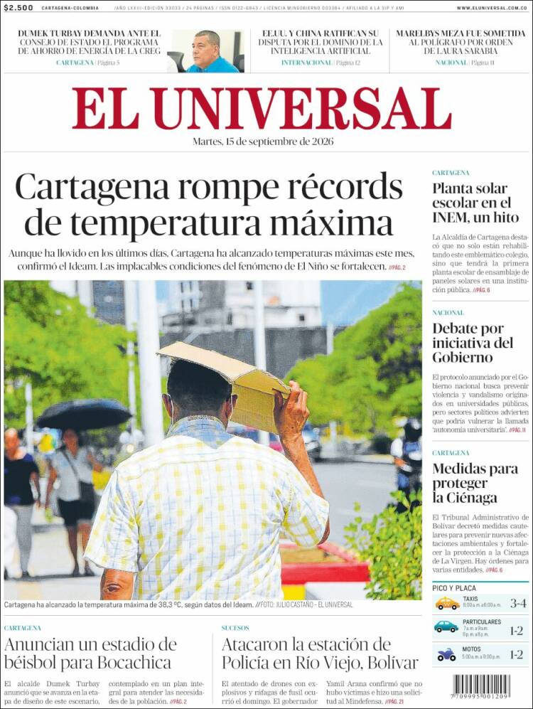 Portada de El Universal (Colombia)