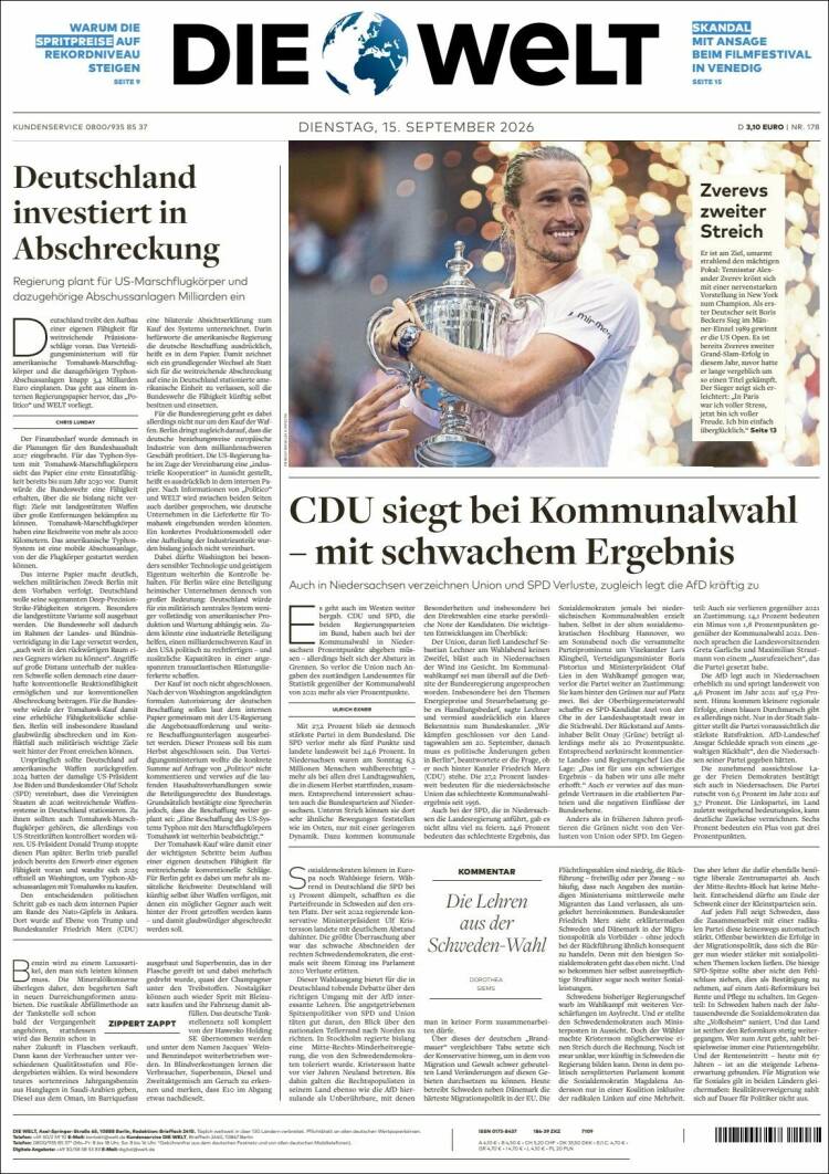 Portada de Die Welt (Alemania)