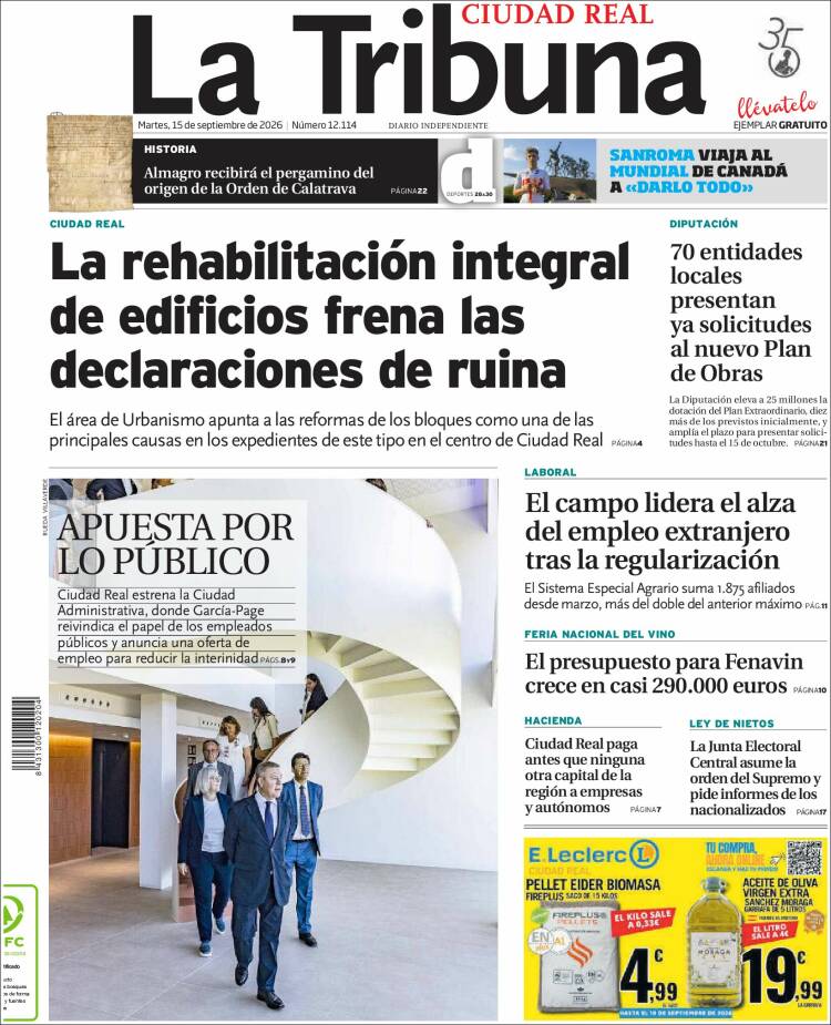 Portada de La Tribuna de Ciudad Real (Espa&ntilde;a)