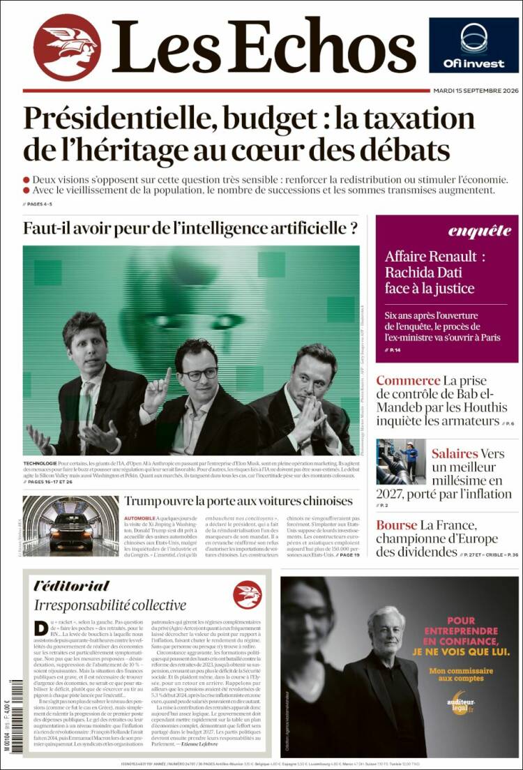 Portada de Les Echos (Francia)