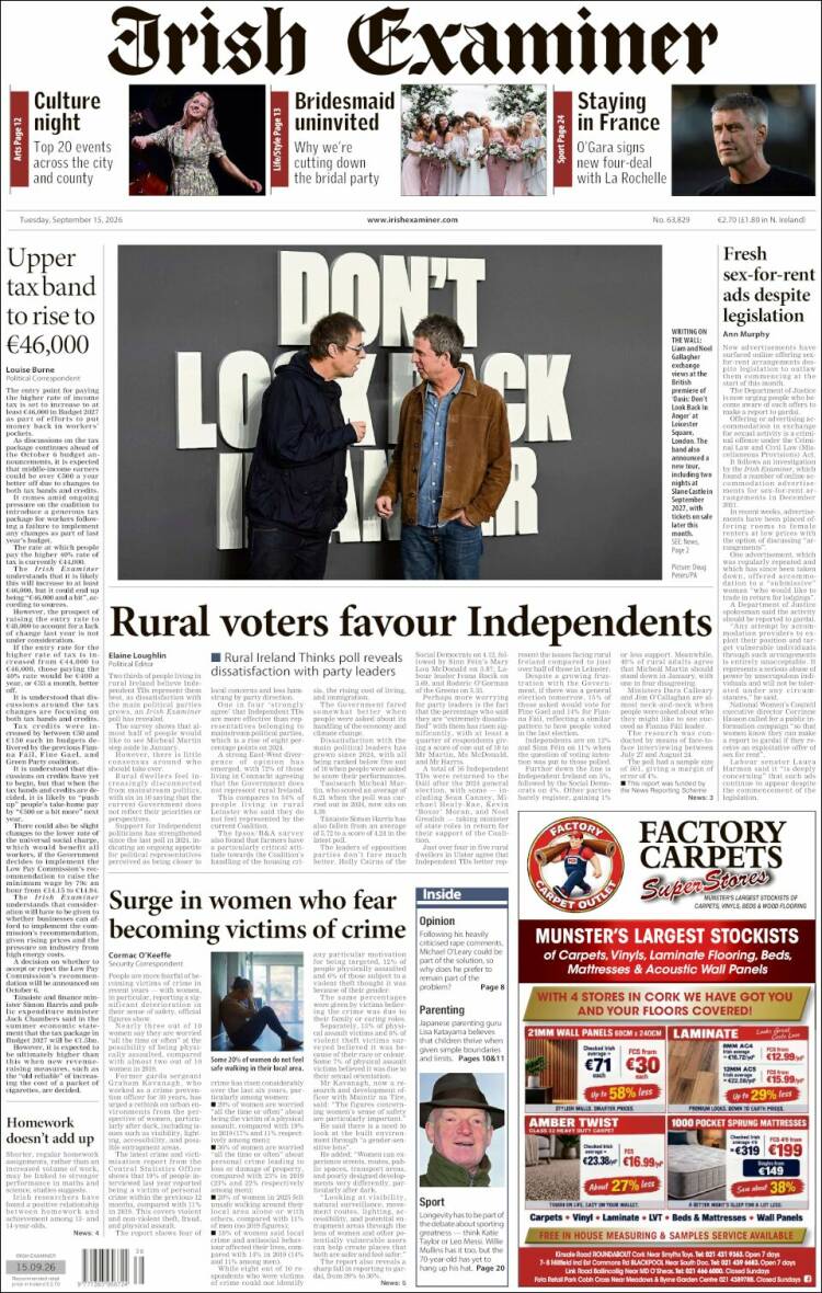 Portada de Irish Examiner (Irlanda)