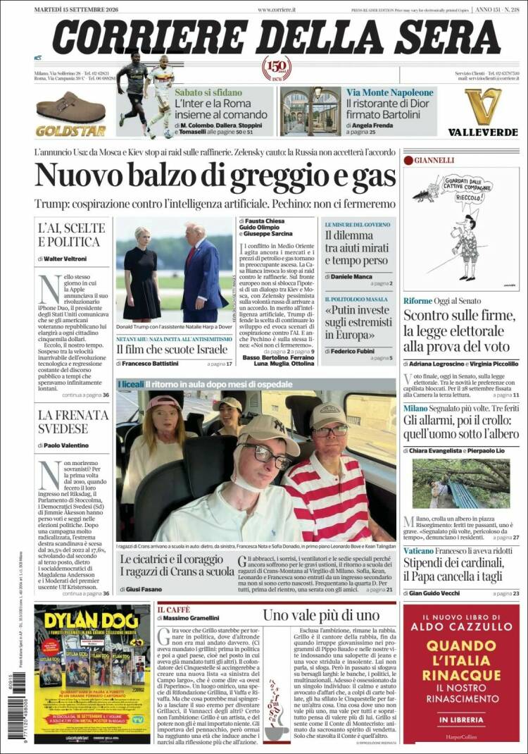 Portada de Corriere della Sera (Italia)