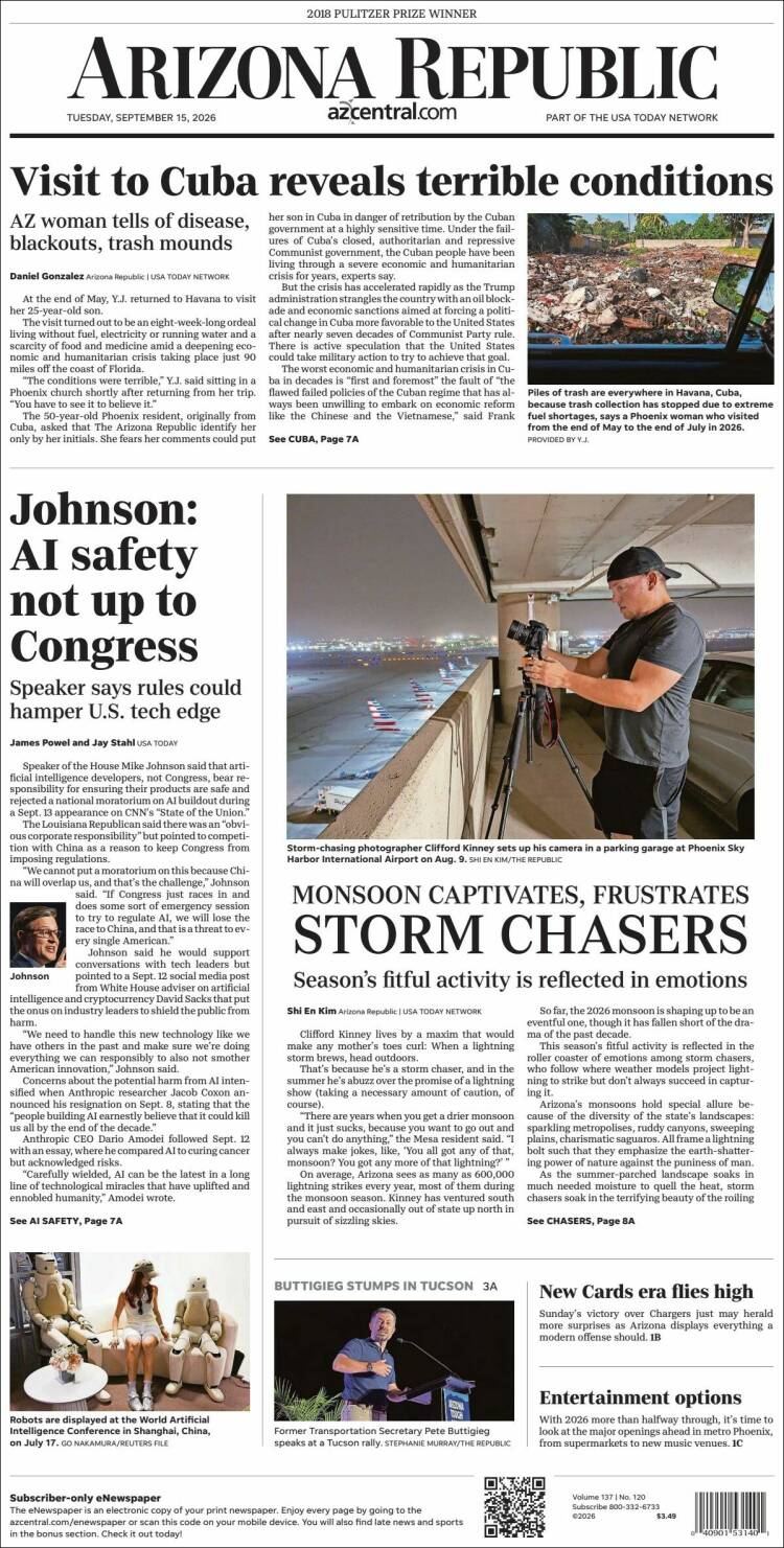 Portada de Arizona Republic News (USA)