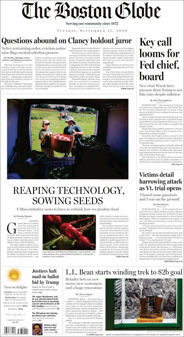 Portada de Boston Globe (USA)