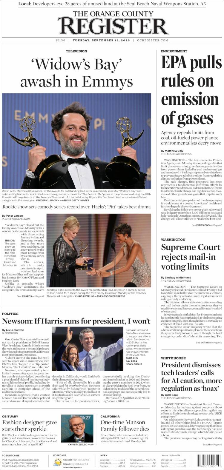 Portada de The Orange County Register (USA)