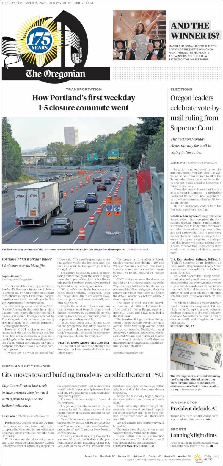 Portada de The Oregonian (USA)