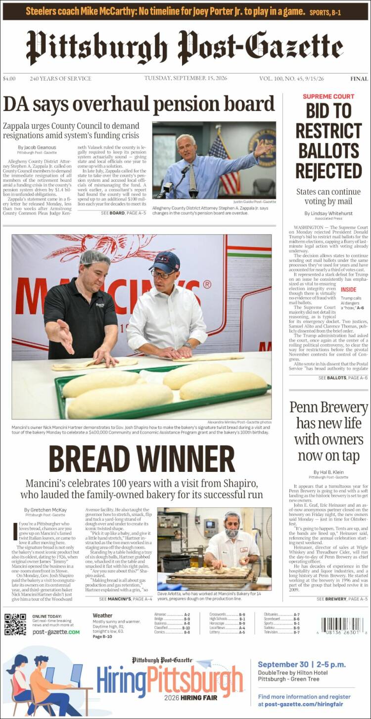 Portada de Pittsburgh Post-Gazette (USA)