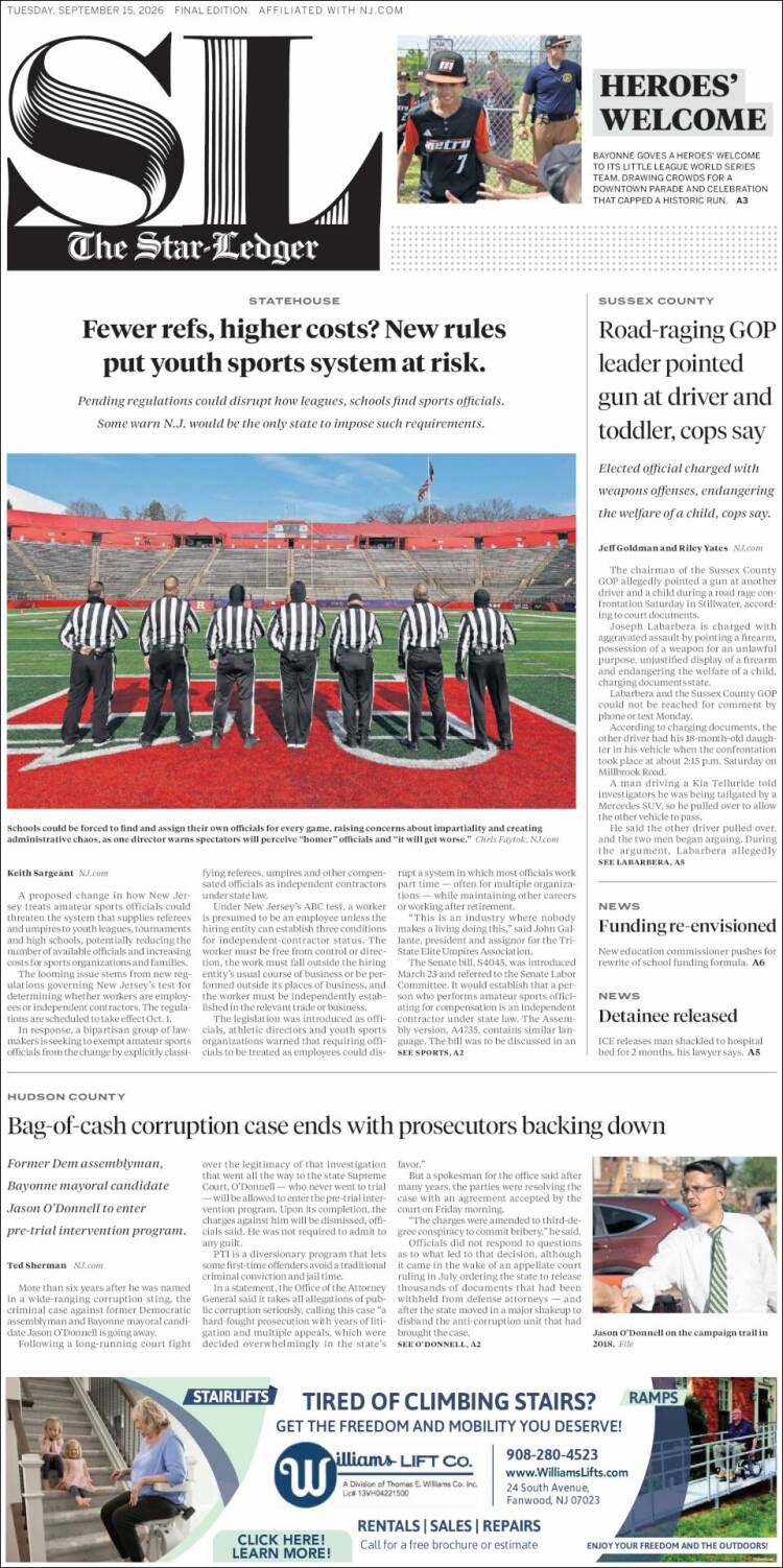 Portada de Star-Ledger (USA)