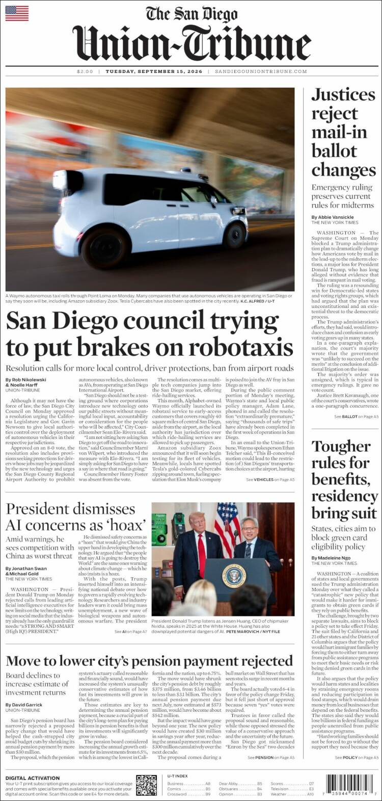 Portada de The San Diego Union-Tribune (USA)