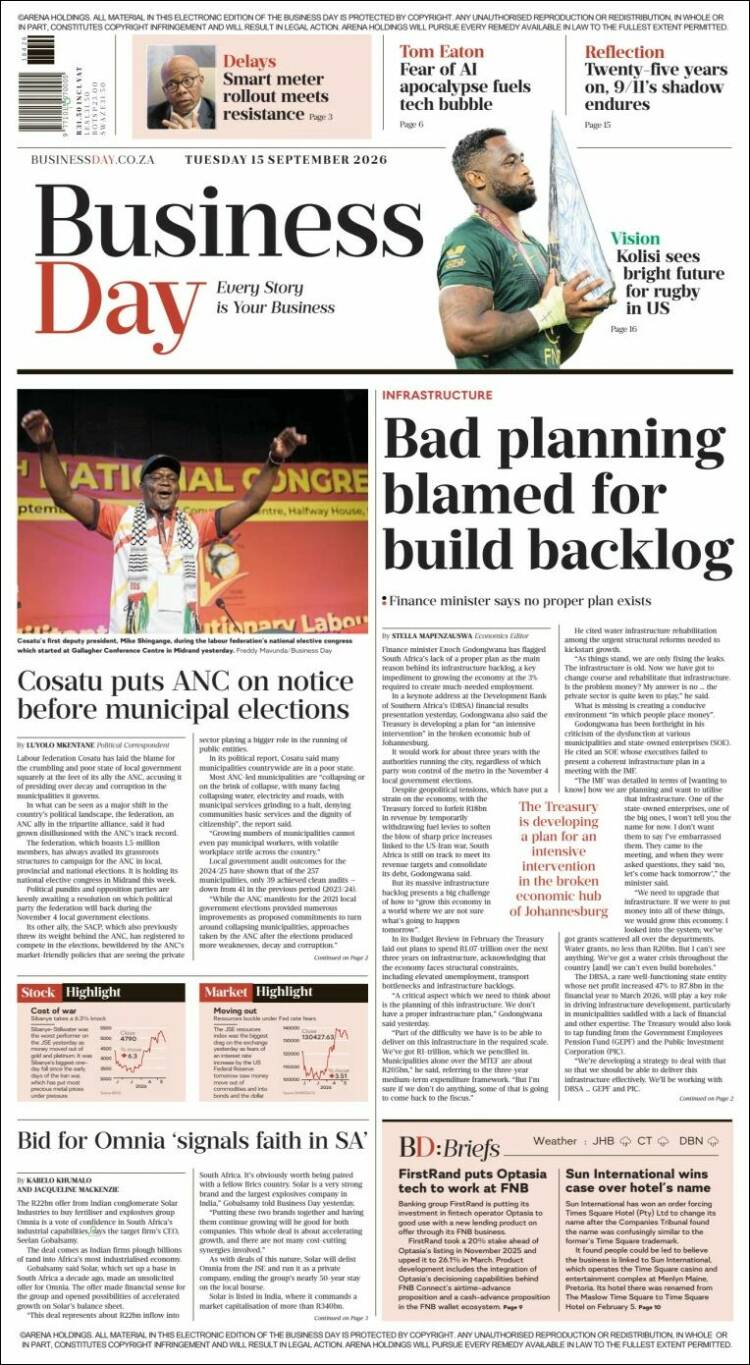 Portada de Business Day (Sud&aacute;frica)
